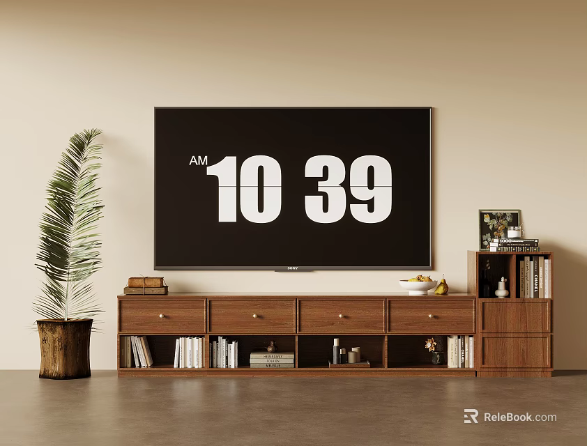 Wooden TV Stand Design With TV Drawers Shelves Books And Decorative Plant 3d model 
