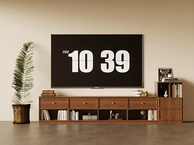 Wooden TV Stand Design With TV Drawers Shelves Books And Decorative Plant 3d model