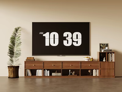 Wooden TV Stand Design With TV Drawers Shelves Books And Decorative Plant 3d model