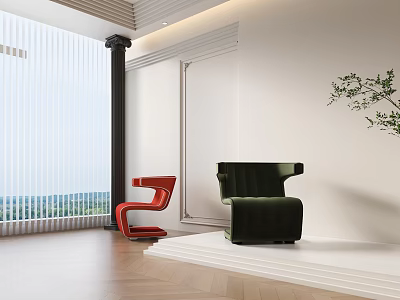 Modern Red and Green Leisure Chairs with Large Windows Wooden Flooring and White Walls 3d model