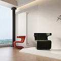 Modern Red and Green Leisure Chairs with Large Windows Wooden Flooring and White Walls