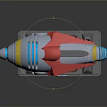 Colorful SciFi Style Toy Gun Prototype With Red White Yellow Blue Accents On Gray Stand