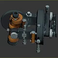 Industrial Mechanical Equipment With Orange And Gray Design Featuring Wheels And Bolts