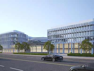 Modern Office Building Complex Featuring Glass Curtain Wall Street Trees and Cars 3d model