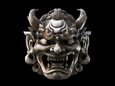 Ornate Mythical Mask Sculpture Carving With Intricate Horns And Facial Features 3d model