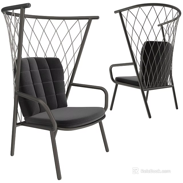 Elegant Modern Leisure Chair With Metal Frame Black Cushion And Woven Mesh Design 3d model 