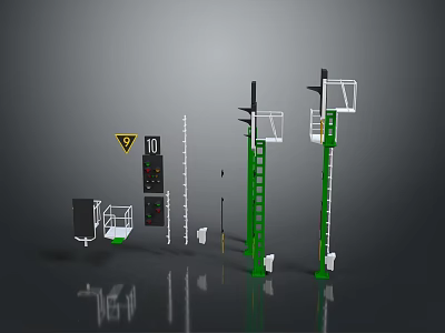 Industrial Equipment Set With Green Ladder Control Panel Warning Sign And Stands 3d model