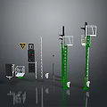 Industrial Equipment Set With Green Ladder Control Panel Warning Sign And Stands