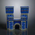 Dual Blue Decorative Towers With Gold Accents Arched Entrance And Traditional Patterns