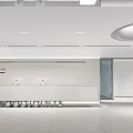 Sleek Minimalist White Office Reception Desk With Two Computers Soft Lighting And Glass Partition
