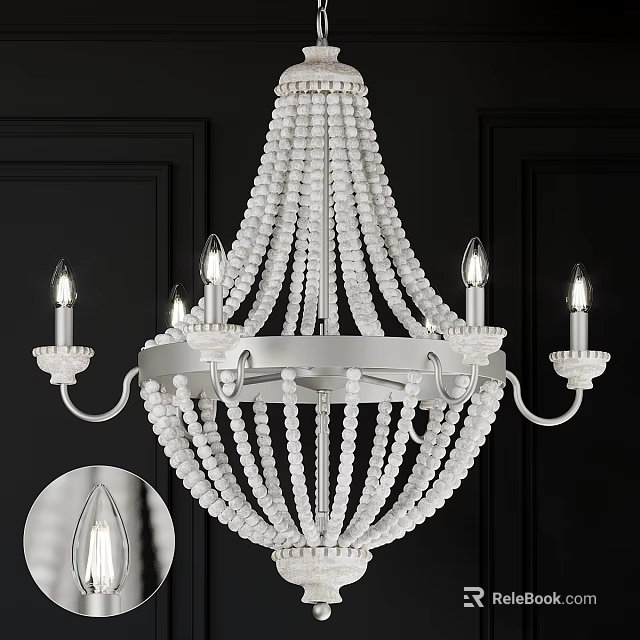 Elegant White Beaded Chandelier With Candle Style Bulbs And Decorative Arms On Dark Wall 3d model 