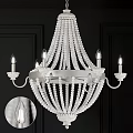 Elegant White Beaded Chandelier With Candle Style Bulbs And Decorative Arms On Dark Wall