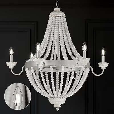 Elegant White Beaded Chandelier With Candle Style Bulbs And Decorative Arms On Dark Wall 3d model
