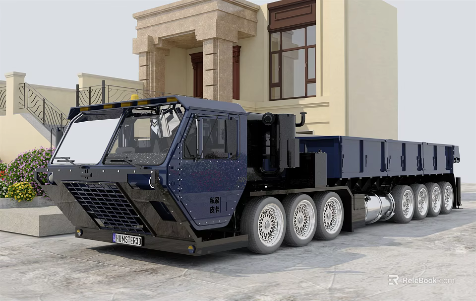 Blue Multi Wheeled Functional Truck With Modern Cab And Dump Body 3d model