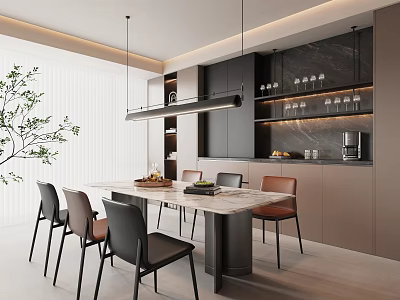 Modern Restaurant Interior With Marble Dining Table Chairs Hanging Lights Kitchen Cabinets And Green Plant 3d model