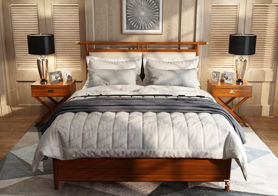 Double Bed with Wooden Headboard White Pillows Dark Blanket Nightstands Black Lamps Geometric Rug 3d model 