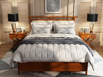 Double Bed with Wooden Headboard White Pillows Dark Blanket Nightstands Black Lamps Geometric Rug 3d model