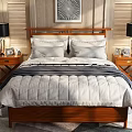 Double Bed with Wooden Headboard White Pillows Dark Blanket Nightstands Black Lamps Geometric Rug