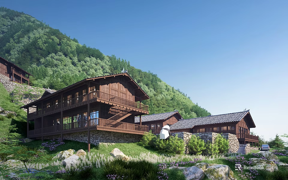 Wooden Guesthouse Building in Mountain Area Surrounded by Green Forest Stone Walls Terrace and Staircase 3d model 