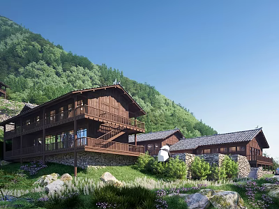 Wooden Guesthouse Building in Mountain Area Surrounded by Green Forest Stone Walls Terrace and Staircase 3d model
