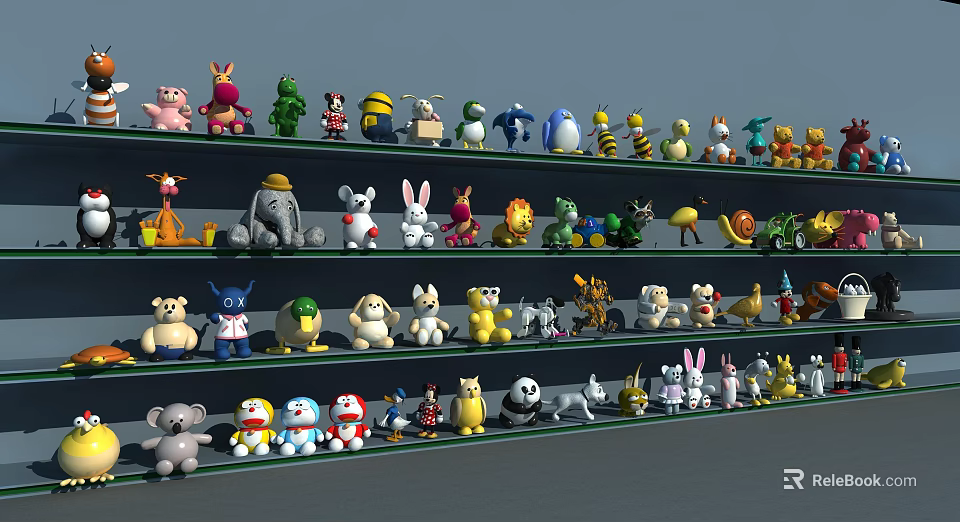 Colorful Stuffed Toys Collection Arranged on Multiple Shelves with Various Characters 3d model 