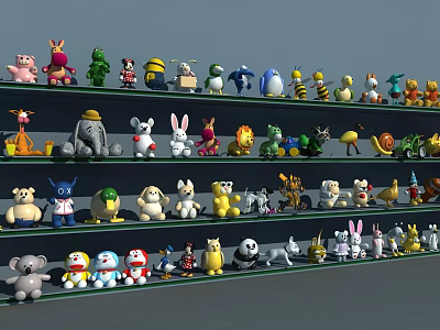 Colorful Stuffed Toys Collection Arranged on Multiple Shelves with Various Characters 3d model