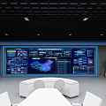 Public Office Area With Large Data Display Wall Round Table White Chairs And Green Plants