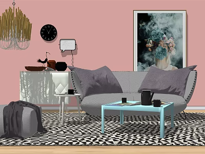 Gray Sofa With Gray Cushions And Light Blue Coffee Table On Black White Geometric Rug 3d model