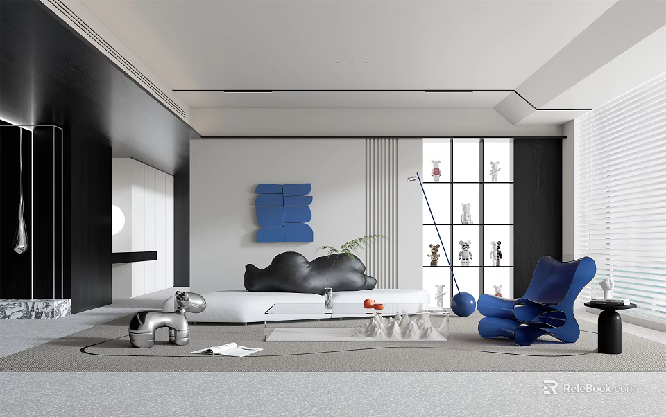 Modern Living Room Interior With Blue Chair Abstract Painting And Glass Display Cabinet 3d model 