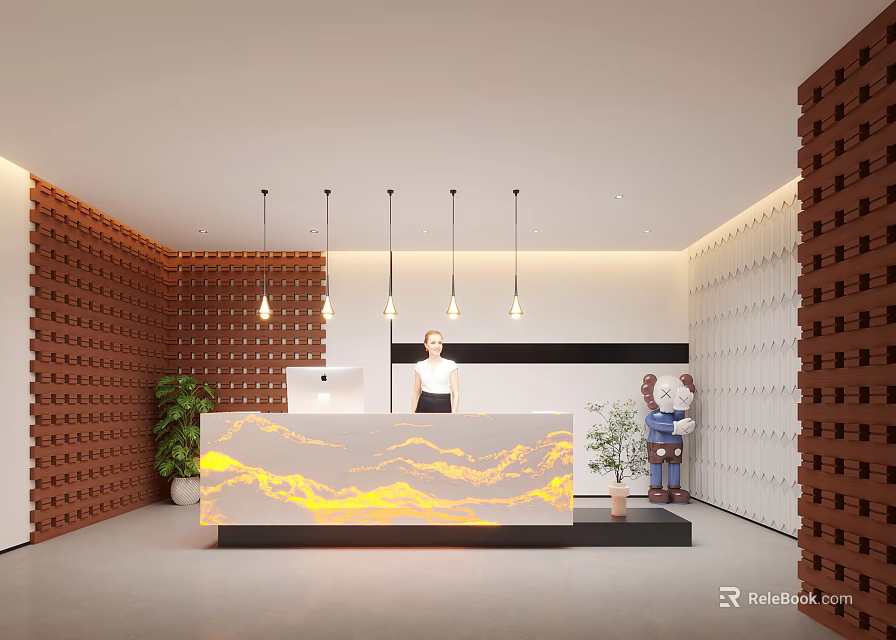 Front Desk Reception Area With Brick Wall Pendant Lights And Green Plant 3d model 