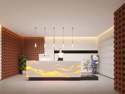 Front Desk Reception Area With Brick Wall Pendant Lights And Green Plant 3d model