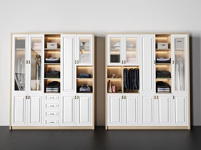 Modern White And Wooden Wardrobe Interior With Glass Doors Drawers Hanging Rods Folded Clothes Storage 3d model
