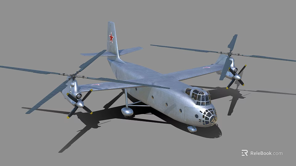 Detailed Vintage Silver Helicopter with Four Propellers and Red Tail Emblem 3d model 