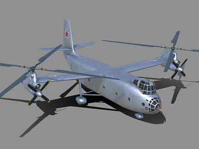 Detailed Vintage Silver Helicopter with Four Propellers and Red Tail Emblem 3d model