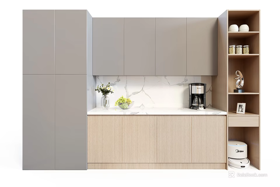 Modern Kitchen Sideboard with Gray Wooden Cabinets White Countertop Vase Fruit Bowl and Coffee Machine 3d model 