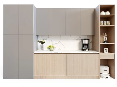 Modern Kitchen Sideboard with Gray Wooden Cabinets White Countertop Vase Fruit Bowl and Coffee Machine 3d model