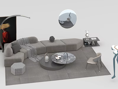 Modern Gray L shaped Sofa with Throw Pillows and Marble Coffee Table Set in Living Room 3d model