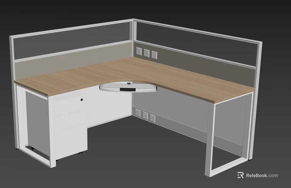 L Shaped Office Desk With Wooden Desktop White Storage And Cubicle Partition Panels 3d model 