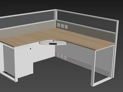 L Shaped Office Desk With Wooden Desktop White Storage And Cubicle Partition Panels 3d model