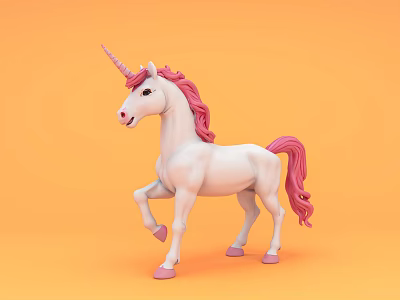 White Unicorn Toy With Pink Mane And Tail On Orange Background 3d model