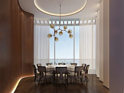 Private Dining Box With Round Table Chairs Pendant Light And Sea View Through Large Windows 3d model