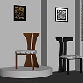 Contemporary Wooden Chairs With Patterned Seats On Display Platform And Framed Art 3d model