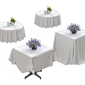 Dining Table Set Featuring White Tablecloths Vases and Decorative Flowers 3d model