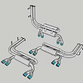 Three Metallic Car Exhaust Pipes With Blue Tips And Different Designs