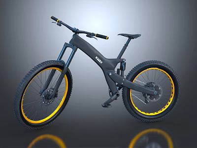 Black Mountain Bike With Yellow Rims Modern Frame Large Tires And Front Suspension 3d model