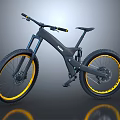 Black Mountain Bike With Yellow Rims Modern Frame Large Tires And Front Suspension