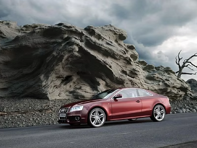 Red Sports Car Parked On Road With Rocky Landscape And Cloudy Sky 3d model