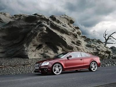 Red Sports Car Parked On Road With Rocky Landscape And Cloudy Sky 3d model