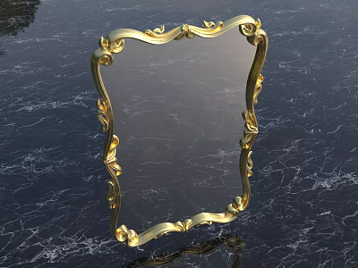 Golden Mirror Featuring Ornate Carved Details on Black Marble Textured Surface 3d model