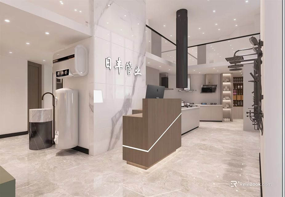Modern Mall Store Interior With Reception Desk Black Pillar Marble Floor And Display Shelves 3d model 